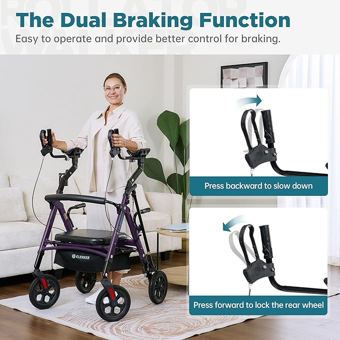 ELENKER All Terrain Heavy Duty Upright Walker with Extra Wide Seat, Foldable Aluminum Bariatric Stand Up Rolling Walker, 10” Wheels, Fully Adjustment Frame, Support up to 500 lbs for Seniors, Purple