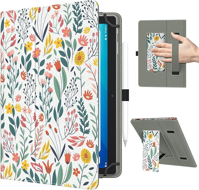 TiMOVO Universal Case for 10.1 Inch Android Tablet with Pen Loop, Lightweight Folding Stand Cover with Hand Strap for All 9.6"-11" Touchscreen Tablet, Flowers
