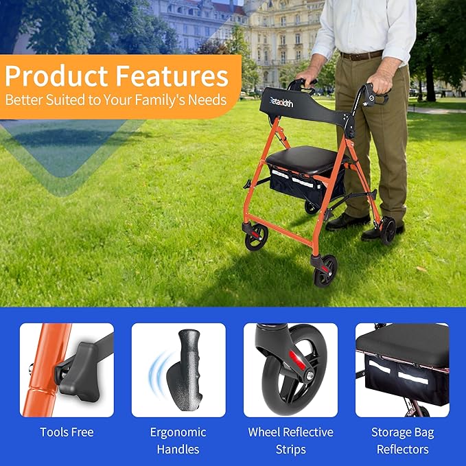 Rollator Walkers for Seniors with Seat, Foldable & One-Hand Carry, Upgraded Rolling Walker with Seat for Seniors, Handles Height Adjustable Rolling Walker for Seniors, Walking & Seated Rest, Orange