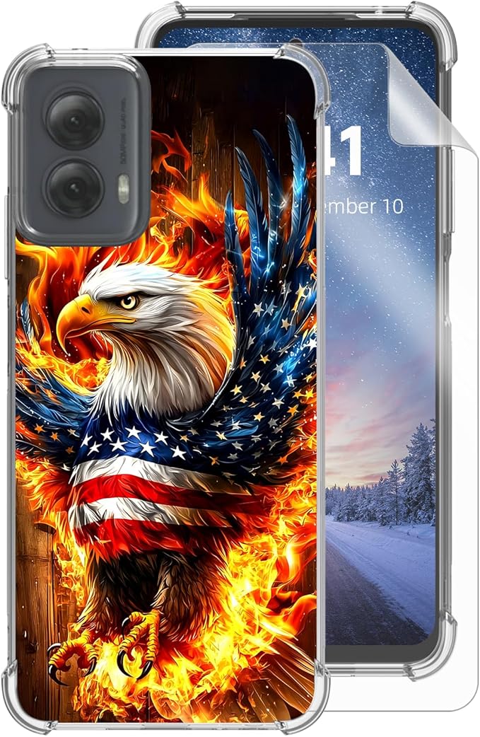 for Moto G Power 5G 2024 Clear Phone Case, Lightweight Transparent TPU, American Flag Flame Eagle Shockproof Four Corner Anti-Fall Case 6.7" for Moto G Power 5G, Screen Protector Film
