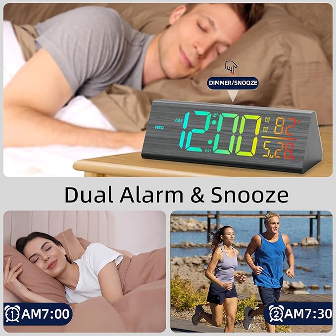 Solid Wood Digital Alarm Clock for Bedroom - 8.8 Inch Large Display, Multicolor Backlight Time Display, Dual Alarms, Date/Temp/Day, DST, Snooze, Black