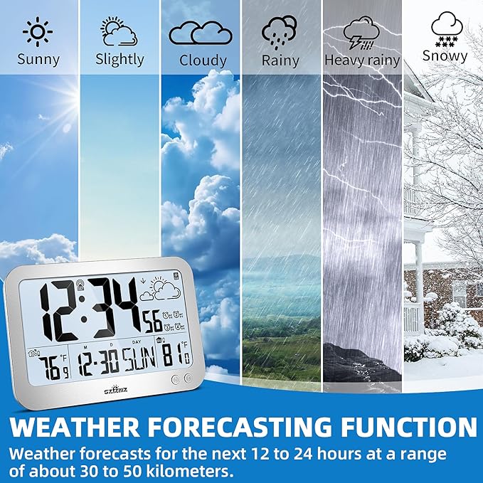 Atomic Clock, 10" Digital Clock Large Display, Wall Clocks Battery Operated with Backlight, Wireless Outdoor Sensor, Alarm Clock Indoor Outdoor Temp, 4 Time Zones, Auto DST, Clock for Bedroom (Sliver)