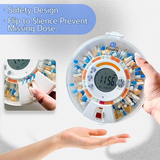 Wi-Fi Automatic Pill Dispenser 28-Day Medication Assistant for Seniors & Caregivers with Remote App Monitoring, Alarms, Sound Light Reminders, Tracks Adherence History, Clear LCD Display, Key Lock