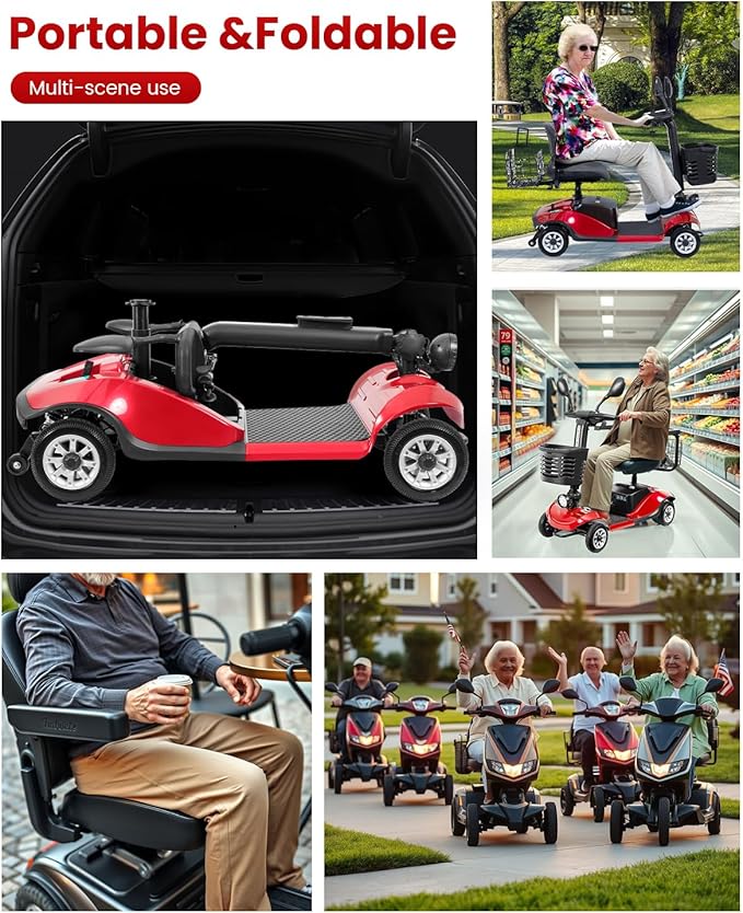 Folding Mobility Scooter for Seniors 4 Wheel Scooter for Adults Electric Medical Scooter Compact for Travel - Electric Powered Wheelchair Device - Compact Heavy Duty Mobile (Red)