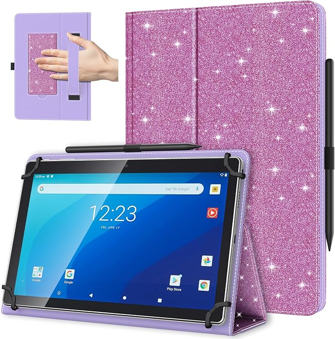 TiMOVO Universal Case for 10.1 Inch Android Tablet with Pen Loop, Lightweight Folding Stand Cover with Hand Strap for All 9.6"-11" Touchscreen Tablet, Glitter Purple