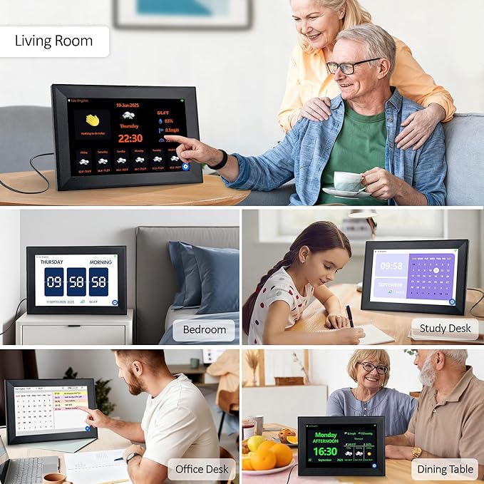 WiFi Smart Digital Clock with Weather and Temperature,with Date and Day of Week for Elderly,64 Alarms, Digital Calendar & Schedule Reminders (10.1" Black)