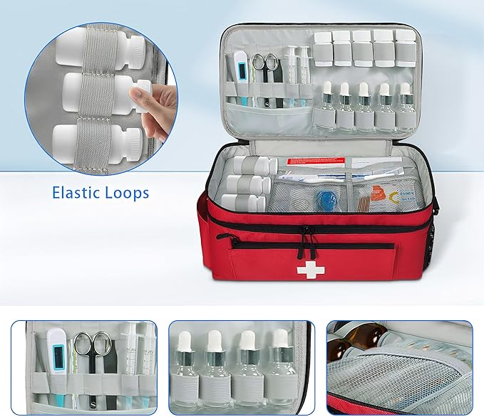 Meichoon Empty First Aid Kit Bag Large Medical Supply Organizer with Double-Layer Design First Aid Storage Box for Car Office Home Waterproof Emergency Kit Bag Travel CPAP Bag Alternative Red