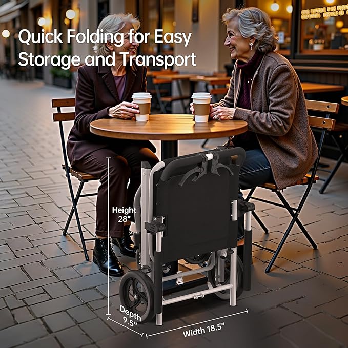 18lbs Ultra-Lightweight Wheelchair, Foldable Transport Wheelchair for Seniors & Adults with Handbrake, Easy Portable Travel Wheel Chair with Padded Seat & Storage Bag, Supports 220lbs No Installation