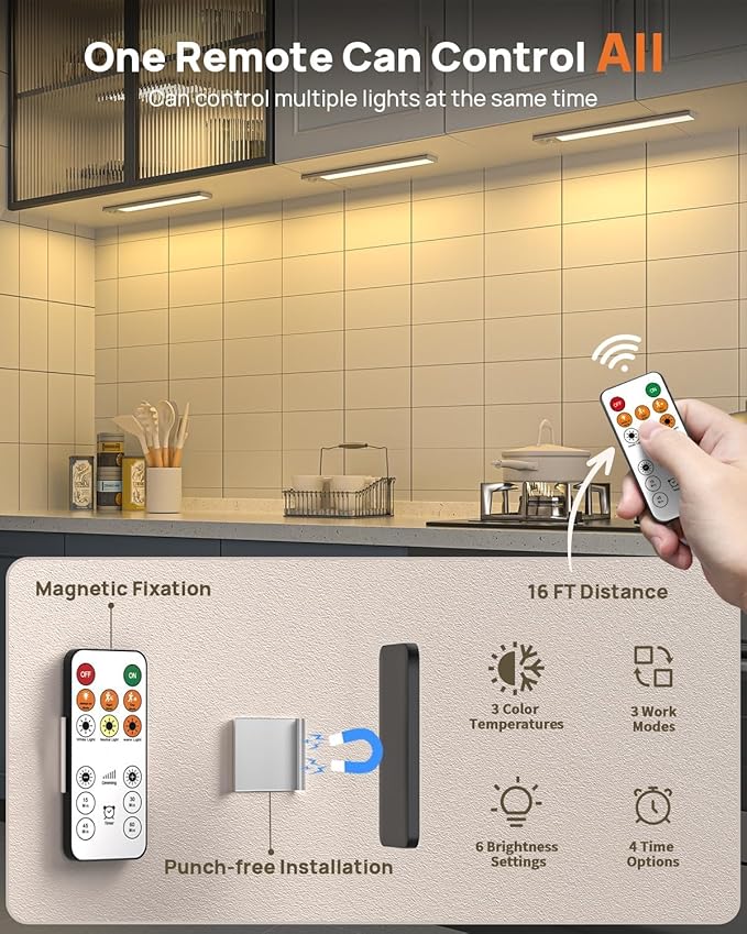 16 Inch Under Cabinet Lights, LED Motion Sensor Light Indoor, 4000mAh Rechargeable Closet Light with Remote, 3 Color Temps, Magnetic, Wireless Under Counter Lights for Kitchen, Stairs, Hallway, 4 Pack