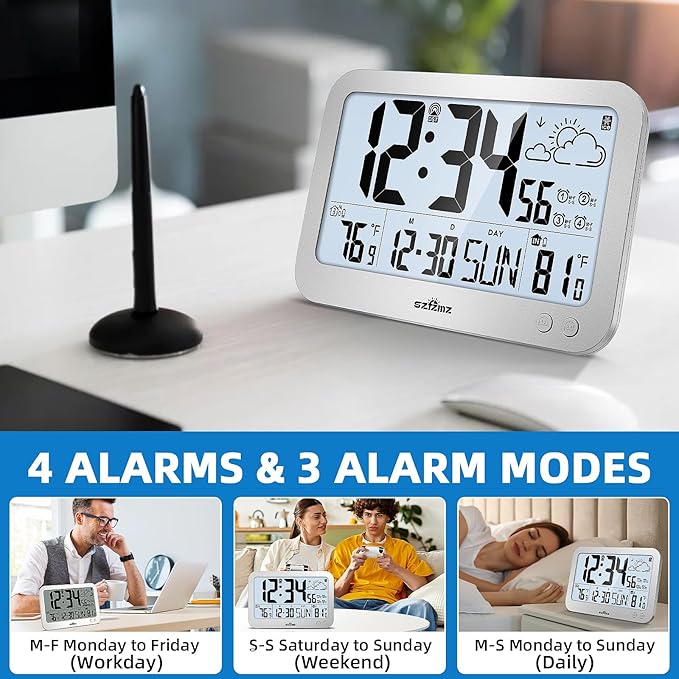 Atomic Clock, 10" Digital Clock Large Display, Wall Clocks Battery Operated with Backlight, Wireless Outdoor Sensor, Alarm Clock Indoor Outdoor Temp, 4 Time Zones, Auto DST, Clock for Bedroom (Sliver)
