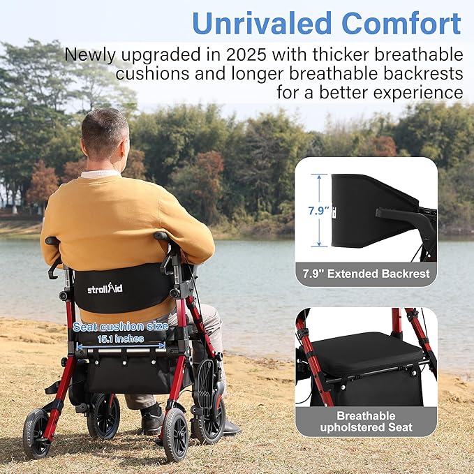 Walkers for Seniors with Seat, Walker Wheelchair Combo, 2 in 1 Rolling Walker Transport Wheelchair Lightweight Foldable, 10" Big Wheels Transport Chair with Brakes,Red