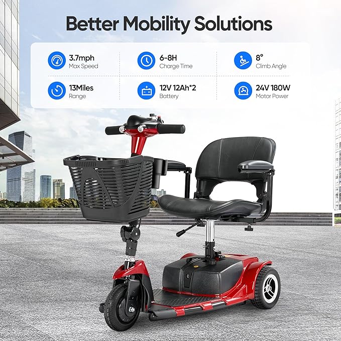 3 Wheel Mobility Scooters for Adults，Collapsible Electric Powered Wheelchair，Portable Compact Motorized Scooter for Travel，Long Range Power，Battery with Charger，Basket and Cup Holder