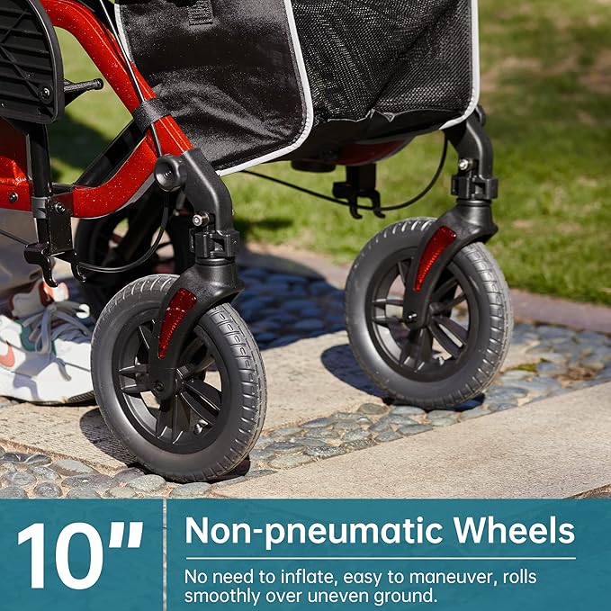 ELENKER All-Terrain 2 in 1 Rollator Walker & Transport Chair, Folding Wheelchair with 10” Non-Pneumatic Wheels for Seniors, Reversible Backrest & Detachable Footrests, Red