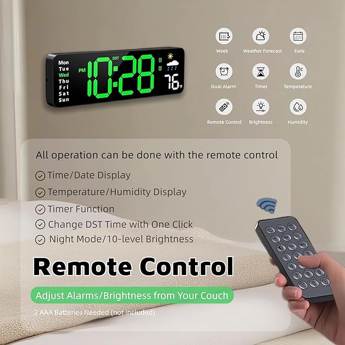 Large LED Digital Wall Clock with Alarm Timer - Auto Dimming Clock with Temperature, Weather and Calendar, Remote Control, Classroom Décor, for Bedroom, Office, Living Room (Green)