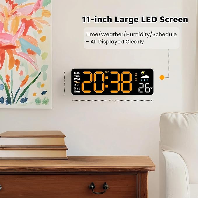 Large LED Digital Wall Clock with Alarm Timer - Auto Dimming Clock with Temperature, Weather and Calendar, Remote Control, Classroom Décor, for Bedroom, Office, Living Room (Orange)