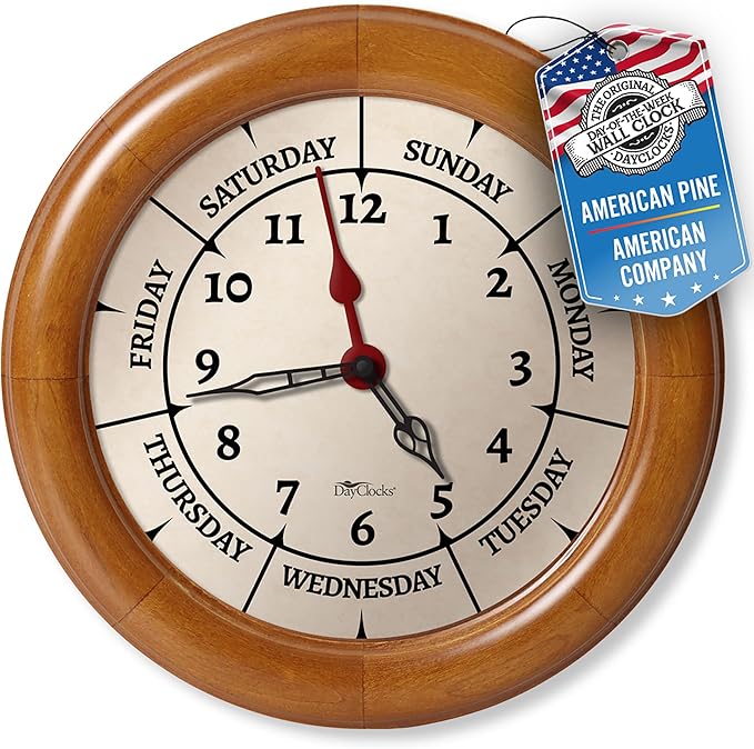 Time & Day of The Week Wall Clock with 10" Solid Pine Wood Frame – – Ideal Retirement Gift for Men and Women, Day Clock for Seniors and Retirees