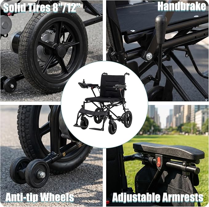 15 Miles Foldable Electric Wheelchair with 500W Brushless Motors, Motorized Wheelchair with 12AH Lithium Battery, 12" Rear Solid Tires, for Adults Seniors