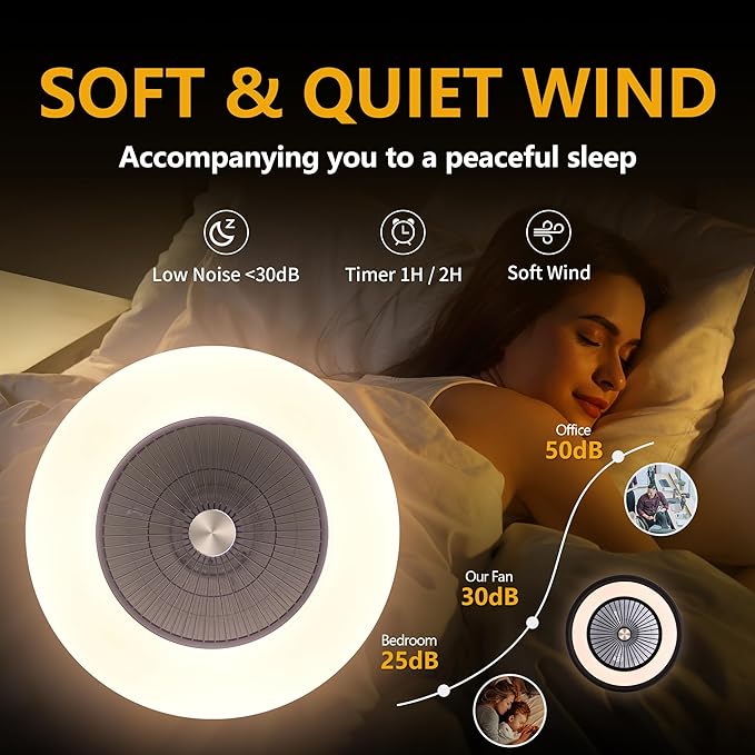 24" RGB Low Profile Ceiling Fan with Main Light, Bladeless Flush Mount Ceiling Fan with APP/Voice/Remote Control, Quiet 6-Speed Reversible DC Motor, Dimmable LED, White