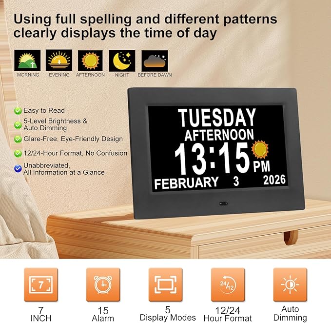 KASTISS Dementia Digital Clock for Seniors 7" Large Display Clock with Day and Date for Elderly Easy to Use 15 Alarms 5 Colors Auto Dimmable Alarm Clock for Bedroom Classroom Senior Gifts (Black)
