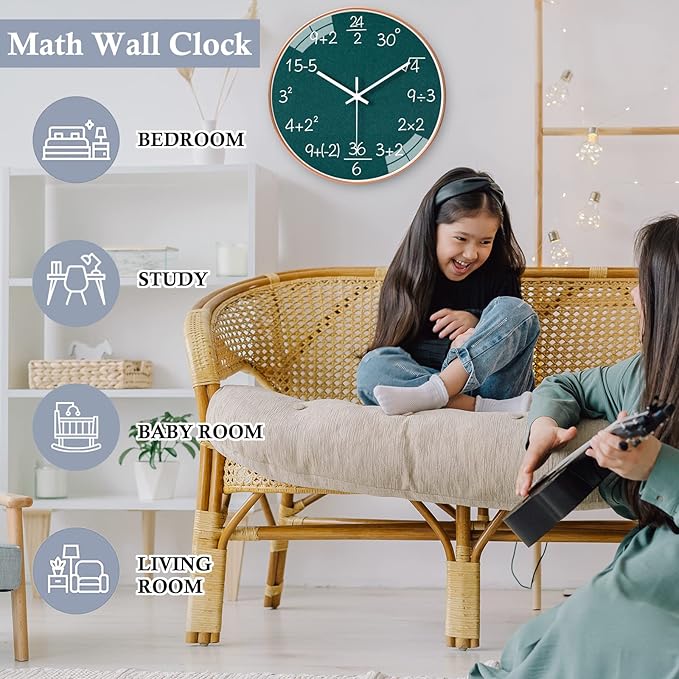QINFIEY 10 Inch Math Wall Clock Silent Non Ticking Movement Quality Quartz Wall Clock for Office Classroom/School/Home/Kitchen/Living Room Wall Decorations (Green)