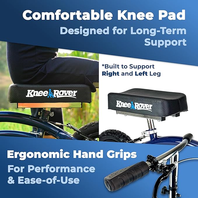 KneeRover Original Steerable All Terrain Knee Scooter – Heavy Duty Foldable Knee Walker & Mobility Aid for Adults with Adjustable Handlebar and Large Wheels (Blue)
