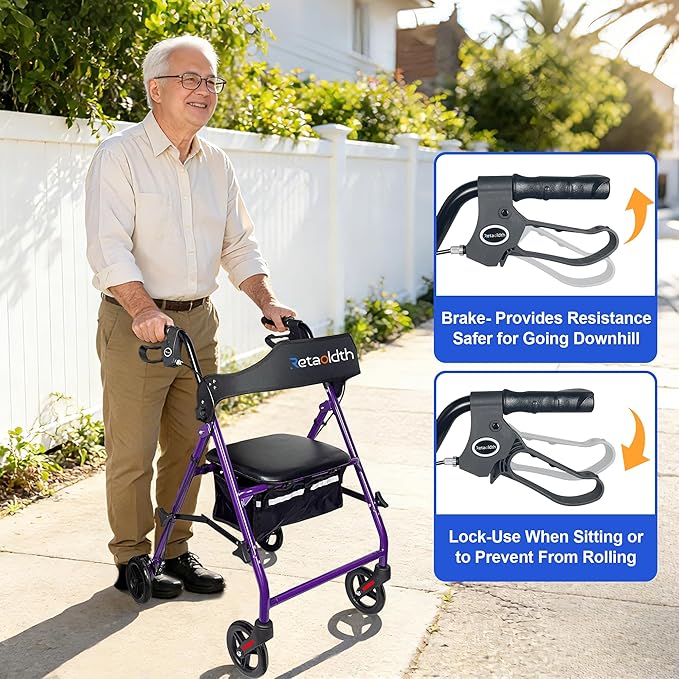 Rollator Walkers for Seniors with Seat, Foldable & One-Hand Carry, Upgraded Rolling Walker with Seat for Seniors, Handles Height Adjustable Rolling Walker for Seniors, Walking & Seated Rest, Purple