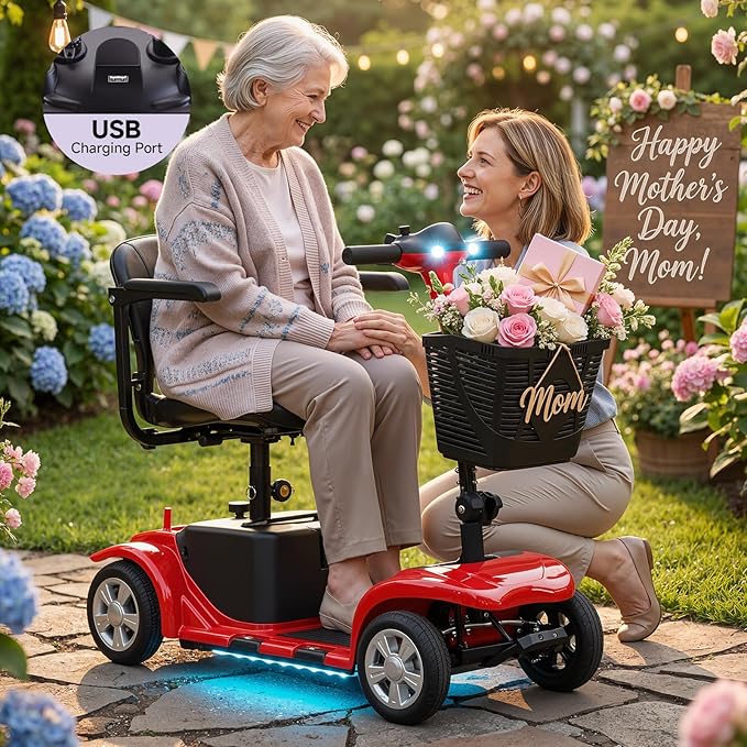 XERATH Mobility Scooters for Seniors Lightweight and Portable,Mobility Scooter with LED Headlights and Basket,lightest Foldable Mobility Scooter 4 Wheels Electric Powered Chargeable Device (Red)