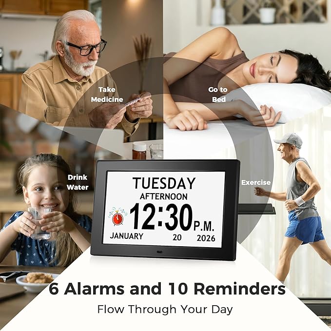 10.1'' Digital Clock With Date And Time, Dementia Clock, Large Display Alarm Clock For Seniors, 10Reminders, 6Alarms, Auto-Dimming, Auto DST, Remote Control, Gifts For People With Dementia, Black