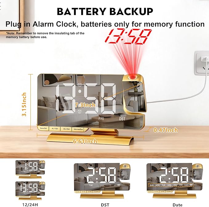 SZELAM Alarm Clock Bedside with Projection Digital Clock,7.3" Mirror Clock with 180°Rotating Projector,Dual Alarm with 3 Mode,Brightnee Adjust,DST,Snooze,Charging Port,5 Levels Volume for Desk Teens