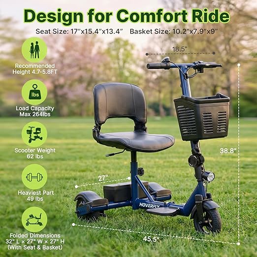 Hoverfly T3 Folding Powered Mobility Scooter for Seniors, Portable 3-Wheel E-Scooter with Seat, 13-Mile Range Safe LiFePO4 Battery, 264 lbs Load&Solid 8" Tires, Fits in Car Trunks for Daily Rides Blue