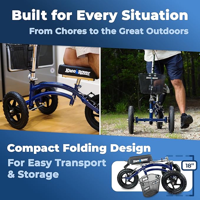 KneeRover Original Steerable All Terrain Knee Scooter – Heavy Duty Foldable Knee Walker & Mobility Aid for Adults with Adjustable Handlebar and Large Wheels (Blue)
