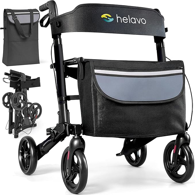 Helavo Foldable Rollator with Seat – 360° Swivel 8" Wheels, 24.8" Wide - Lightweight Aluminum Rolling Walker for Seniors and Adults with Adjustable Height