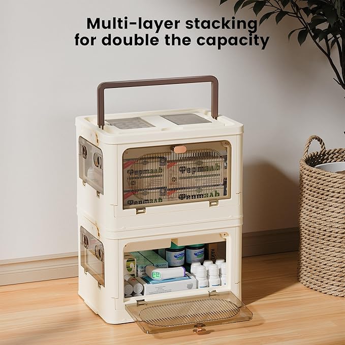 Medicine Box Cabinet Organizer - Empty First Aid Kit Storage, Clear Plastic Portable Container, 3 Tier Pill Bottle Medical Supply Case with Handle, Medication Caddy Chest