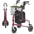 NOVA Traveler Folding 3-Wheel Walker with Tray, Basket, Pouch & Cup Holder, Lightweight Mobility Aid for Seniors & Adults, 8” All-Terrain Wheels for Tight Spaces & Travel, Red
