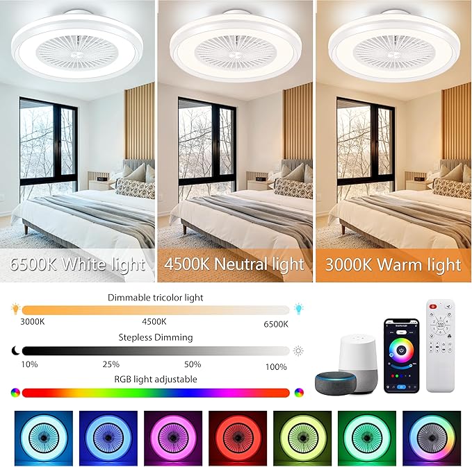 24" Bladeless Ceiling Fans with Lights and Remote/APP/Voice Control, Low Profile Ceiling Fan with RGB Lights, Smart Modern Ceiling Fan Dimmable LED Light 6 Speeds Timing Reversible