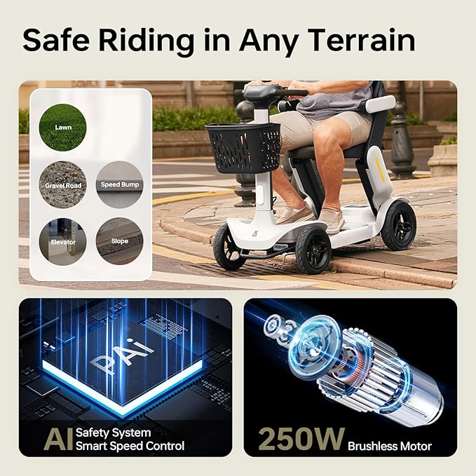Paiseec S3 Mobility Scooter, Folding Mobility Scooters for Seniors, All Terrain Mobility Scooter, Electric Mobility Scooters for Adults, Folding Mobile Scooter, Auto Speed Control (White, S3-25 Miles)