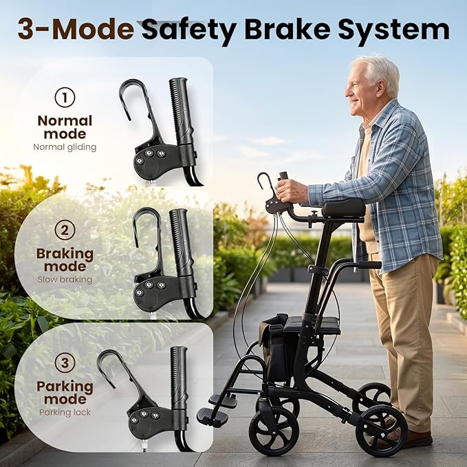 Upright Walkers for Seniors 450 lbs Capacity, 22 lbs Foldable Lightweight Walkers for Seniors with Seat, Armrest and Pedal, Height Adjustable Rollator Walker with Seat for Travel & Gift (Black)