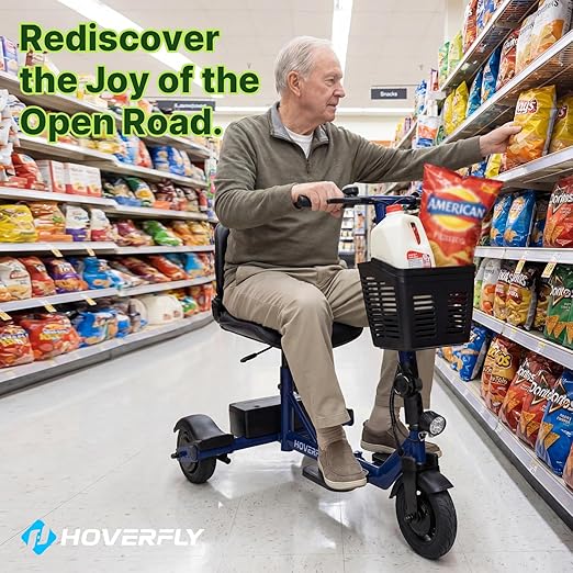 Hoverfly T3 Folding Powered Mobility Scooter for Seniors, Portable 3-Wheel E-Scooter with Seat, 13-Mile Range Safe LiFePO4 Battery, 264 lbs Load&Solid 8" Tires, Fits in Car Trunks for Daily Rides Blue