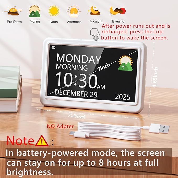 Rechargeable Digital Clock with Day and Date for Elderly, 7" Large Digital Calendar Clock for Seniors, 20 Alarms & Medication Reminders, Auto DST/Dimmer, 12 Themes, Best Gifts for People with Dementia