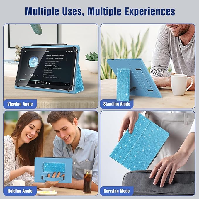 TiMOVO Universal Case for 10.1 Inch Android Tablet with Pen Loop, Lightweight Folding Stand Cover with Hand Strap for All 9.6"-11" Touchscreen Tablet, Glitter Sky Blue