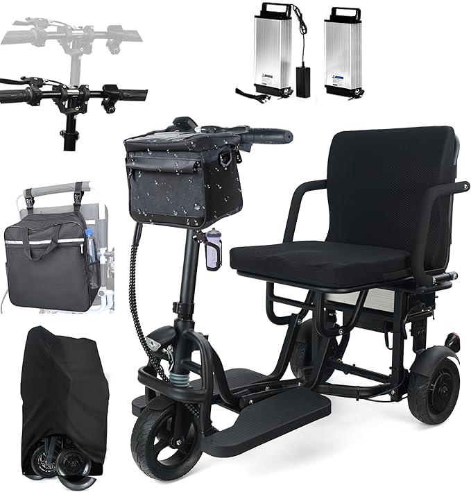 Upgraded Folding Mobility Scooters, 40MIles Longest Range Lightweight Motorized Mobility Scooter for Seniors, 3+1 Speed Mode, with Basket & Cup Holde, Dust Cover, No Assembly Required