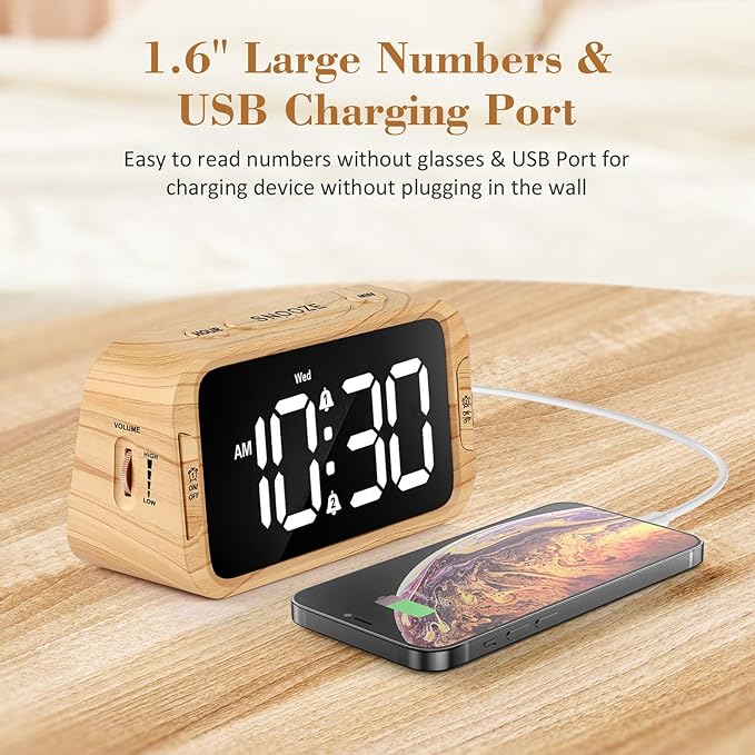 Odokee Digital Dual Alarm Clock for Bedroom, 0-100% Dimmer, Weekday/Weekend Mode, Easy to Set, USB Charger, Adjustable Alarm Volume with 5 Alarm Sounds, Snooze, 12/24Hr, Battery Backup (Wood Grain)