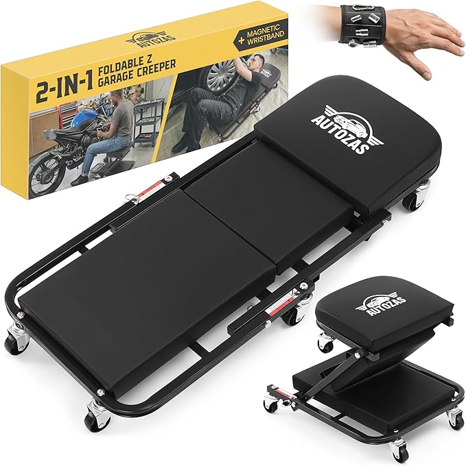 Creepers Automotive Mechanic Creeper Seat & Under Car Roller, 300lb Heavy Duty Foldable Garage Creeper with 360° Swivel Wheels, Magnetic Wristband, Low Profile Black Car Creeper for Mechanics