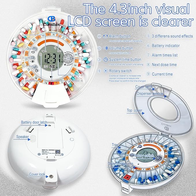 Wi-Fi Automatic Pill Dispenser 28-Day Medication Assistant for Seniors & Caregivers with Remote App Monitoring, Alarms, Sound Light Reminders, Tracks Adherence History, Clear LCD Display, Key Lock