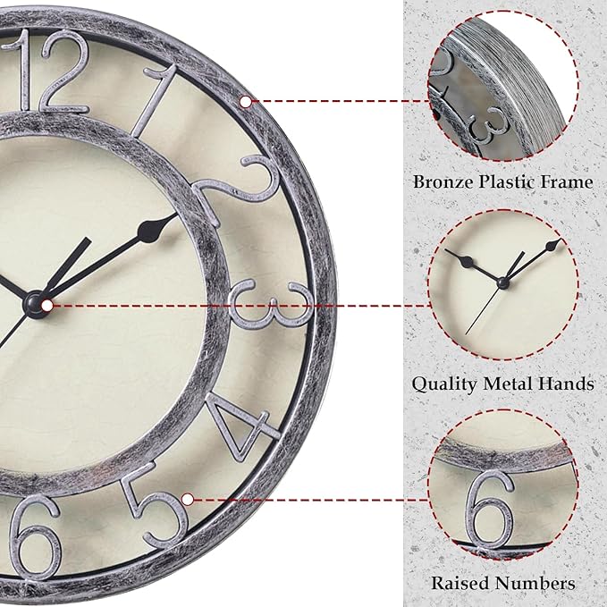 8" Silent Quartz Wall Clock Non-Ticking Digital Silver Clocks with 3D Numbers and Plastic Bezel Easy to Read Vintage Wall Clock