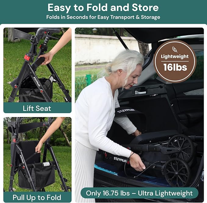 Bariatric Rollator Walker with Seat for Seniors, 500lb Capacity Aluminum Frame, Zero Wobble, 16lb Lightweight, 8" All Terrain Wheels, 10-Level Adjustable Handle/Seat, Cup Holder, Cane Clip