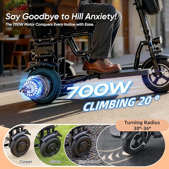 3 Wheel Mobility Scooter for Seniors Adults 300 lbs, 700W, 48V10AH Battery Travel Folding Scooters Lightweight Handicap Scooter Elderly Collapsible Electric Mobility Scooters Foldable