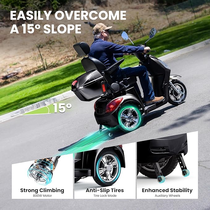 Super Large Electric 3 Wheel Mobility Scooters, 800W Wheelchair Device, 500 LBS Capacity Electric Wheelchair for Seniors & Adults, Speed Adjust, Remote Key, Receive Ready to Ride (Black)