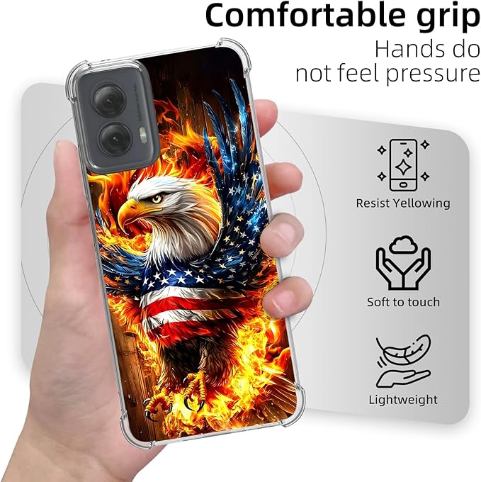 for Moto G Power 5G 2024 Clear Phone Case, Lightweight Transparent TPU, American Flag Flame Eagle Shockproof Four Corner Anti-Fall Case 6.7" for Moto G Power 5G, Screen Protector Film