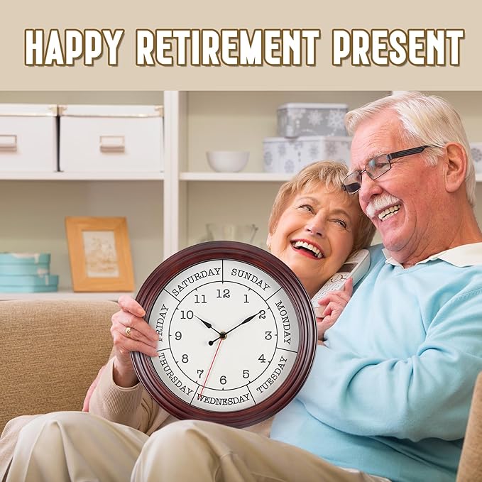 Day of the Week Clock 14 Inch Round Retirement Wall Clock with Wood Frame for Men Women Red Brown